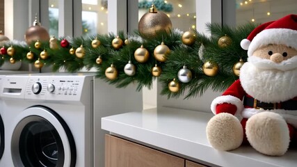 Cozy holiday decorations with a Santa bear and festive ornaments in a warm indoor setting - Powered by Adobe