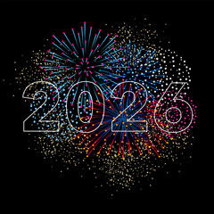 Fototapeta premium 2026-carte de vœux carré avec les chiffres de la nouvelle année superposé à un feu d’artifice multicolor.