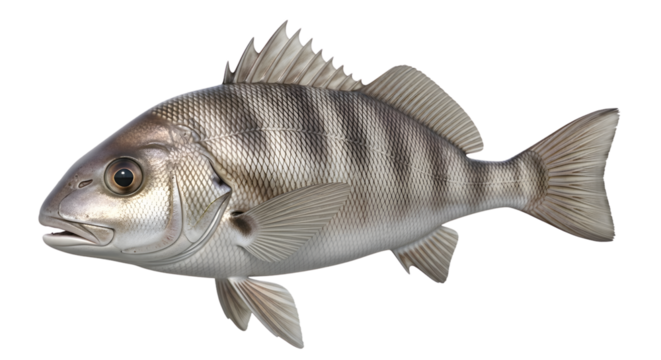 Stripped grey fish with fins and scales isolated on background