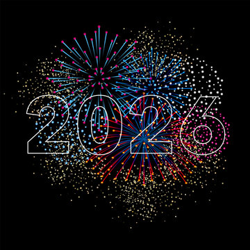 2026-carte de v&oelig;ux carr&eacute; avec les chiffres de la nouvelle ann&eacute;e superpos&eacute; &agrave; un feu d&rsquo;artifice multicolor.