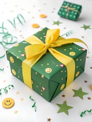 Green gift box with yellow ribbon and confetti on a white surface celebration