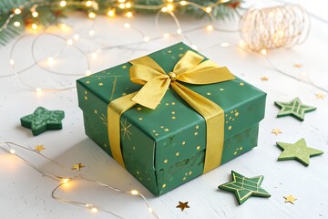 Beautifully wrapped christmas gift with gold ribbon and star decorations around it