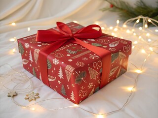Beautifully wrapped christmas gift with red ribbon on a soft white background