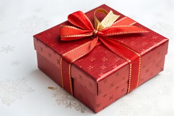 Beautifully wrapped red gift box with gold ribbon on a festive white surface