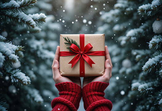 
Hands in a red sweater elevate a brown paper gift box with a red ribbon and pine sprig in a snowy forest.