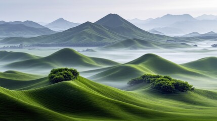 A vast landscape of undulating green hills, dotted with clusters of trees, shrouded in a soft mist in the valleys. Distant mountains fade into a hazy sky.