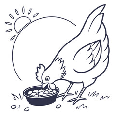 Cartoon chicken eating from a bowl in the sun Keywords: chicken, hen, bird, poultry, farm © Abu