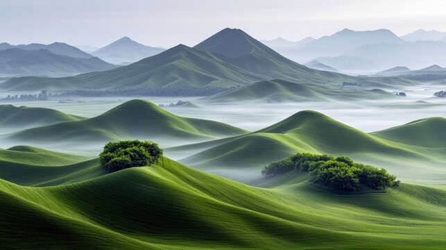 A vast landscape of undulating green hills, dotted with clusters of trees, shrouded in a soft mist in the valleys. Distant mountains fade into a hazy sky. - Powered by Adobe