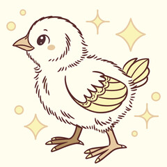 Fototapeta premium Cute cartoon yellow chick with sparkles and circles Keywords: chick, chicken, bird, animal, cute