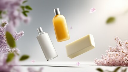 Floating shampoo bottles and soap bar amidst blooming lilacs
