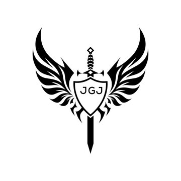 "Warrior Shield and Sword Emblem with Wings Logo," "Black Tribal Winged Sword Crest Vector," "Heraldic Emblem with Wings, Sword, and Shield," JGJ  Later Logo, 
