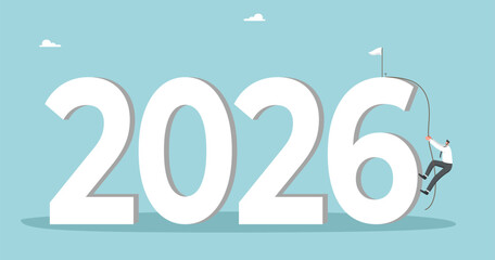 Strategic planning for achieving success in new year 2026, creative approach to solving unfinished business in outgoing year, setting business goals for coming year, man climbs rope to 2026.