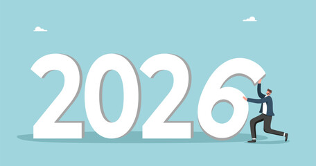 Strategic planning to develop strategy to achieve business or financial goals in new year 2026, brainstorming for success, creative ideas to achieve high results, man raise the number 6 for 2026.