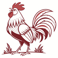 Stylized Rooster Crowing in Grass with Red Outline chicken bird