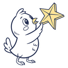 Adorable cartoon chick reaching for a yellow star on white background chicken bird