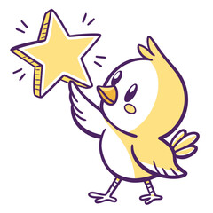 Cute cartoon chick holding a glowing star on white background chicken bird