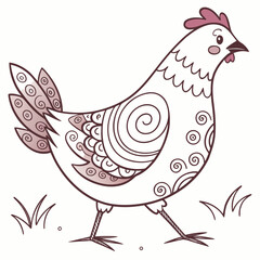 Cute Cartoon Hen with Decorative Swirls and Feathers on White Background chicken