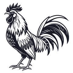 Stylized Black and White Rooster with Detailed Feathers and Fierce Expression cock