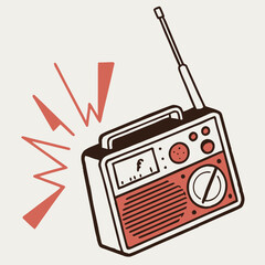 Red vintage radio with sound waves emanating from it retro portable