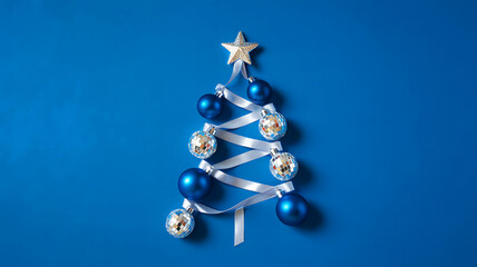 Christmas tree made of blue ornaments and silver ribbon on a blue background flat lay view