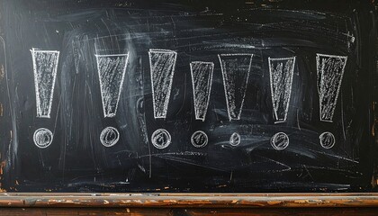 A chalkboard features multiple exclamation points drawn in chalk, varying in size, positioned with circular bases, and contrasting against the dark surface