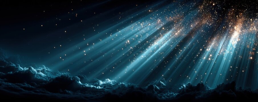 Ethereal blue light rays illuminating a starry night sky - Powered by Adobe