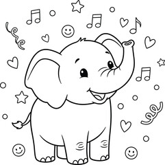 Cute Cartoon Baby Elephant with Hearts, Stars, and Music Notes – Adorable Celebration Line Art Illustration for Kids and Coloring Pages