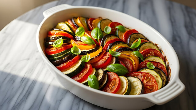A colorful ratatouille dish with sliced vegetables and fresh basil in a white baking pan on a marble surface. - Powered by Adobe