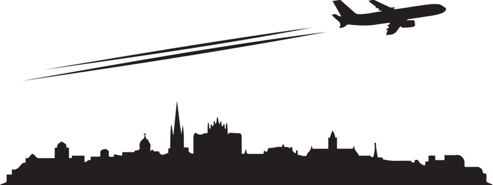 Chateauroux Skyline with Airplane and Contrail. Vector black silhouette