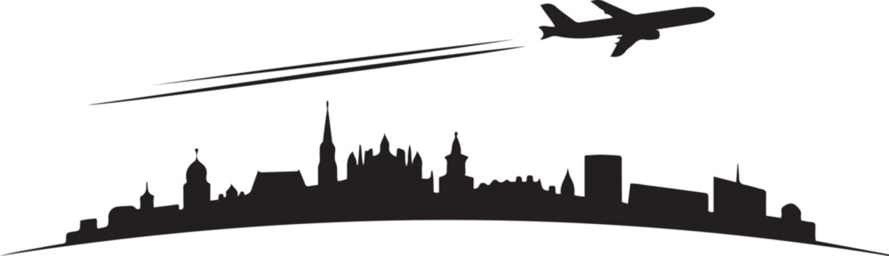 Chateauroux Skyline with Airplane and Contrail. Vector black silhouette