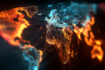 Luminous Plexus World Map: A Glowing Web of Global Data Connections in Orange and Blue.