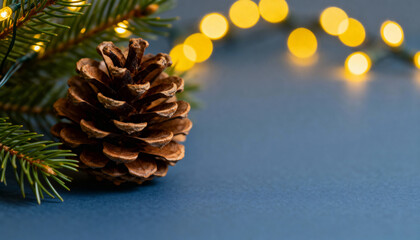 Pine branch with cone and warm fairy lights on blue background