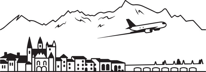 Annecy France Skyline with Airplane and Mountains Line Art. Vector black silhouette