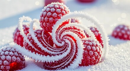Frost-covered red raspberries with swirling ice patterns on snow. Winter berry for nature and food concepts.