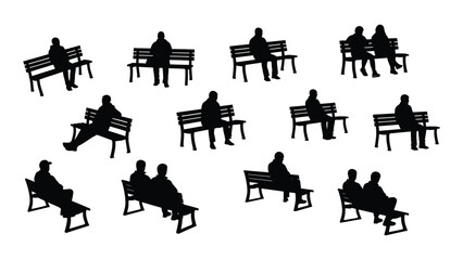 Silhouettes of people on benches isolated on white background, Vector
