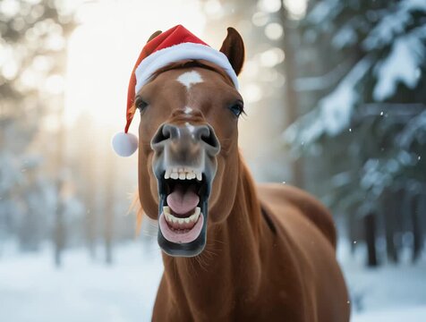 a horse wearing a santa hat in the snow