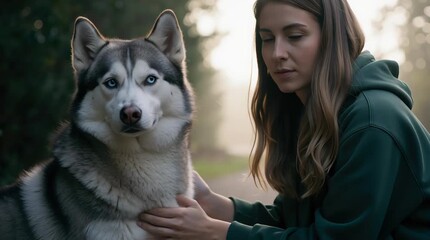 a woman is petting a husky dog - Powered by Adobe