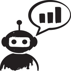 Black robot head vector icon with a speech bubble showing a bar graph for data analytics or communication