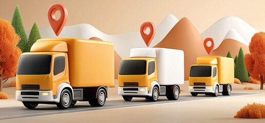 Yellow trucks on scenic route with tracking location markers in 3D illustration