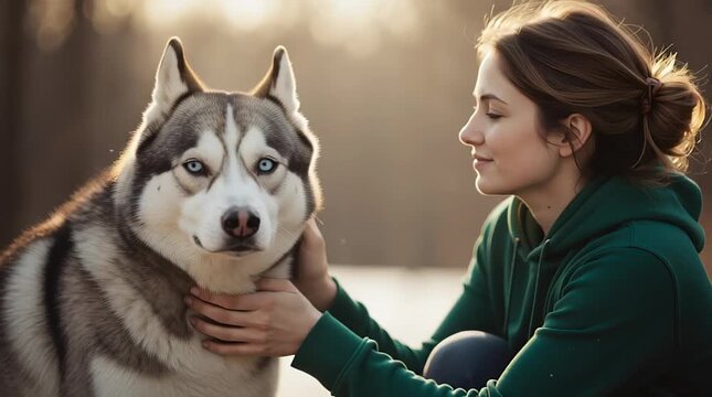 a woman petting a husky dog in the woods