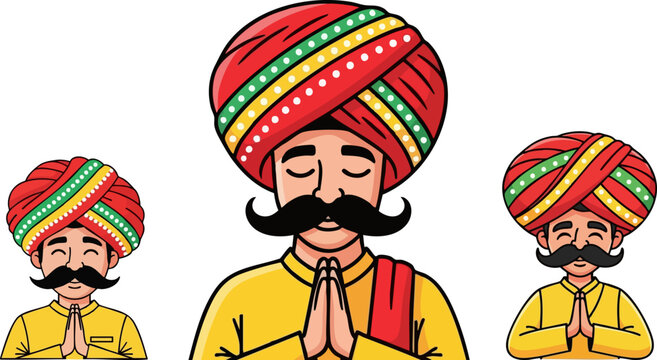 Three indian men in traditional turbans greeting with folded hands on black background