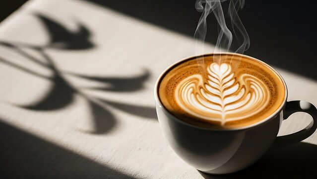 Steaming hot latte coffee with beautiful leaf art and shadow
