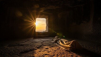 Empty tomb view with sunrise reveals spiritual atmosphere of Resurrection Sunday in a dark stone cave