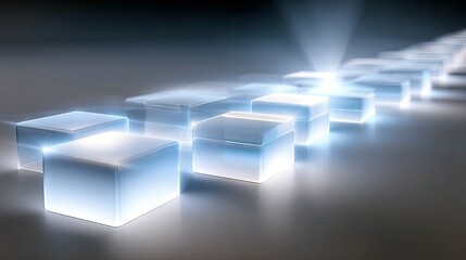 A line of translucent, glowing cubes arranged in a perspective row on a reflective surface. Light beams emit from the top of some cubes, creating a futuristic a