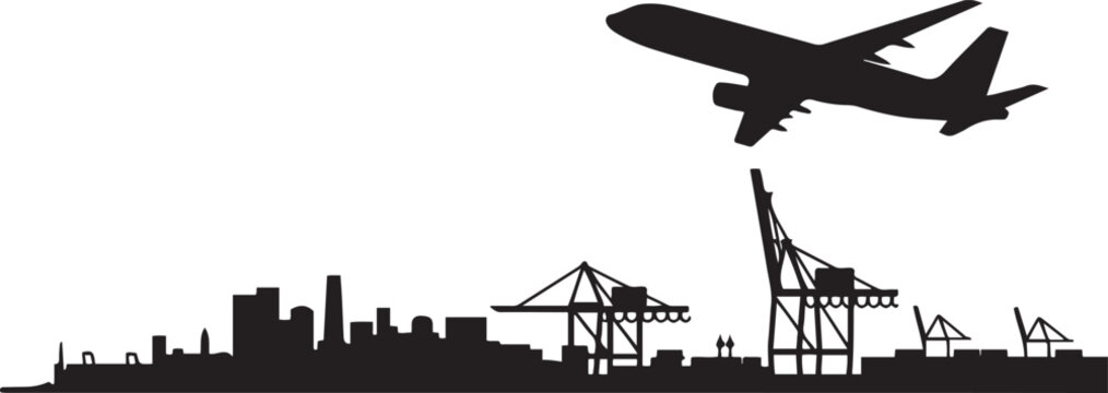 Talcahuano skyline illustration with port cranes and airplane. Vector black silhouette