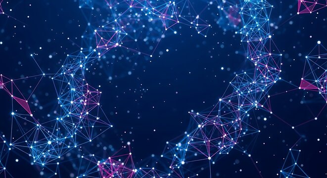 Abstract glowing network of interconnected digital nodes and lines in deep space