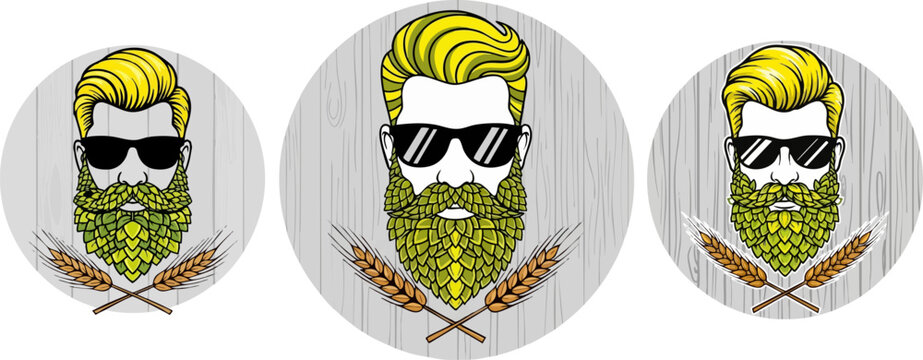 Three hipster beer logos with hop beards and wheat stalks on a dark background