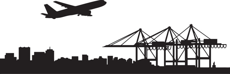 Talcahuano skyline illustration with port cranes and airplane. Vector black silhouette