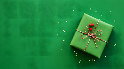 A green christmas gift wrapped with a red and white string on a green background with white sprinkles