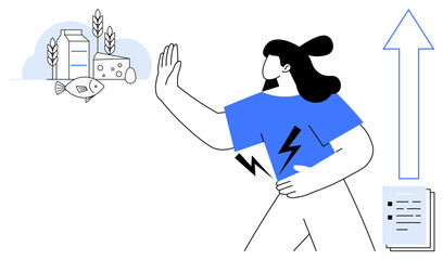 Woman holding hand up toward allergenic foods thumbs up fish, milk, cheese, and wheat, emphasizing dietary awareness and rejecting allergens. Ideal for health, nutrition, awareness, diet management